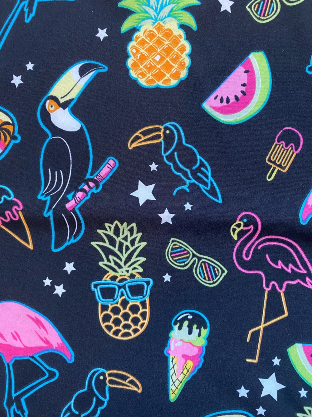 Cherokee Scrub Top Black with Neon Tropical Motif